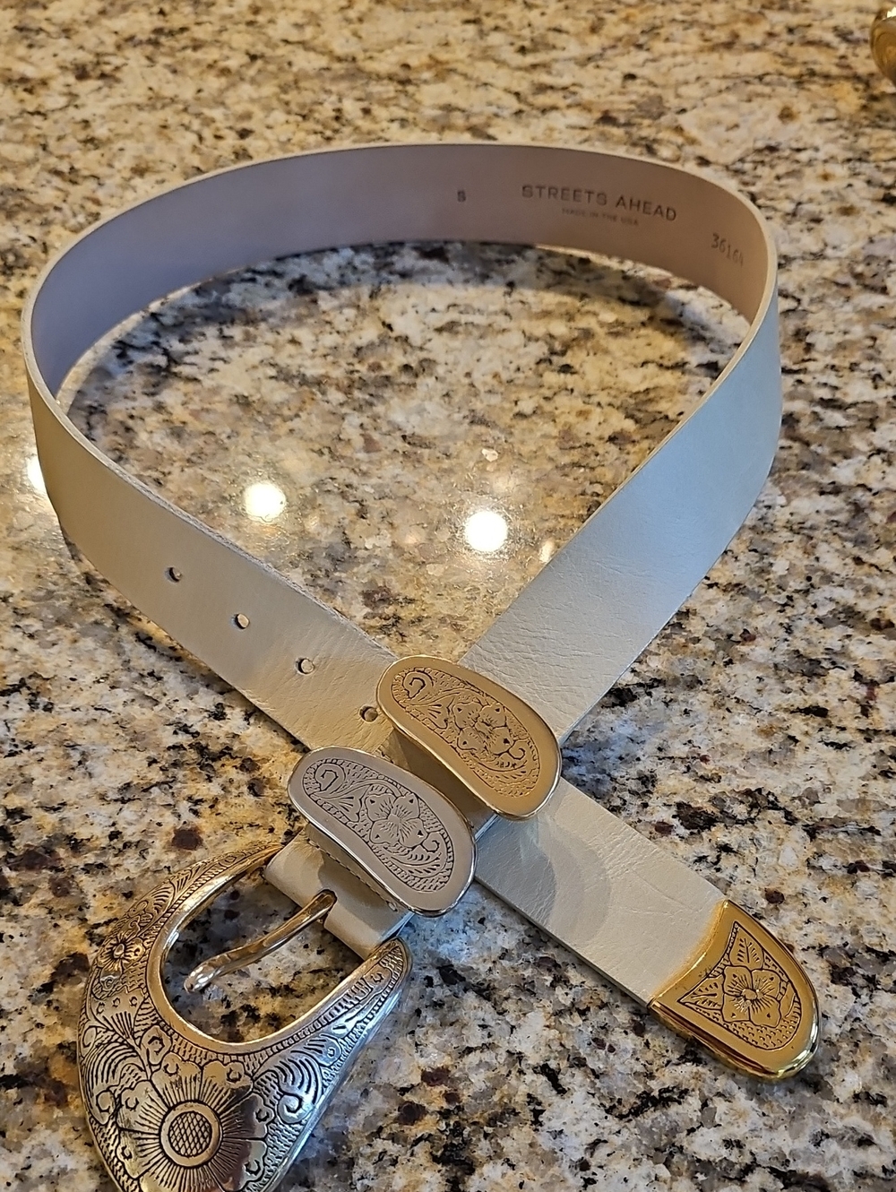 Streets Ahead White Leather Western Belt with Gold Accents
